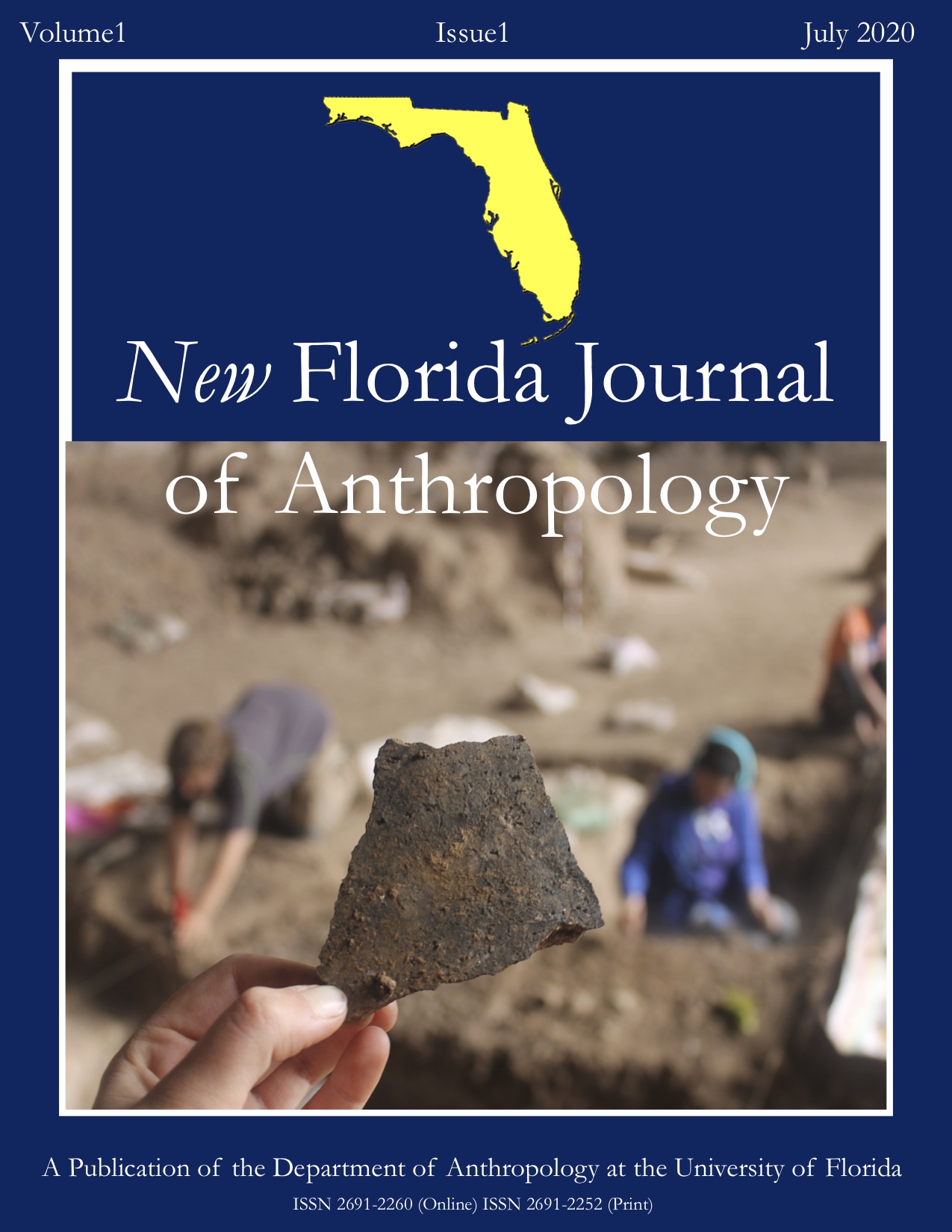 New Florida Journal of Anthropology (NFJA) cover image Volume 1 Issue 1. Depicts an image by Ayelen Garcia-Rudnik of an artifact from the Mochena Borago archeological site.
