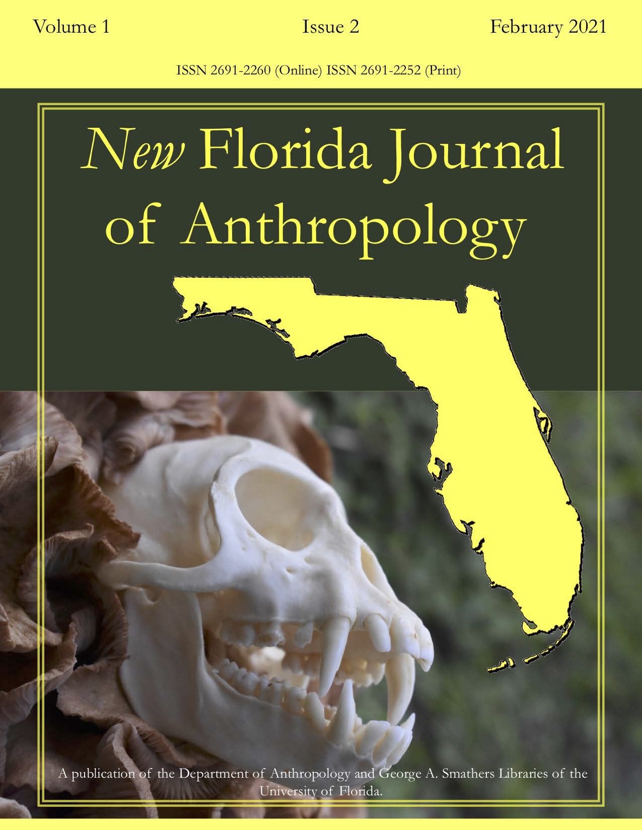 NFJA Florida outline logo in yellow overlaying an image of a male crab-eating macaque (Macaca fascicularis) skull against a backdrop of Armillaria mushrooms.