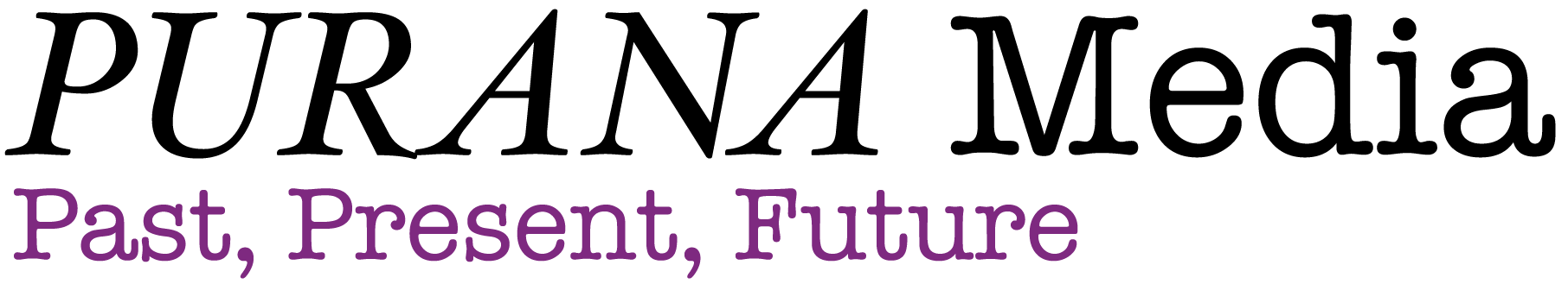 PURANA Media journal logotype in black typewriter font with subtitle "Past, Present, Future" in purple typewriter font