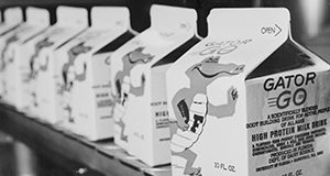 a close up photo of a line of 10-fluid-ounce "Gator Go" milk cartons