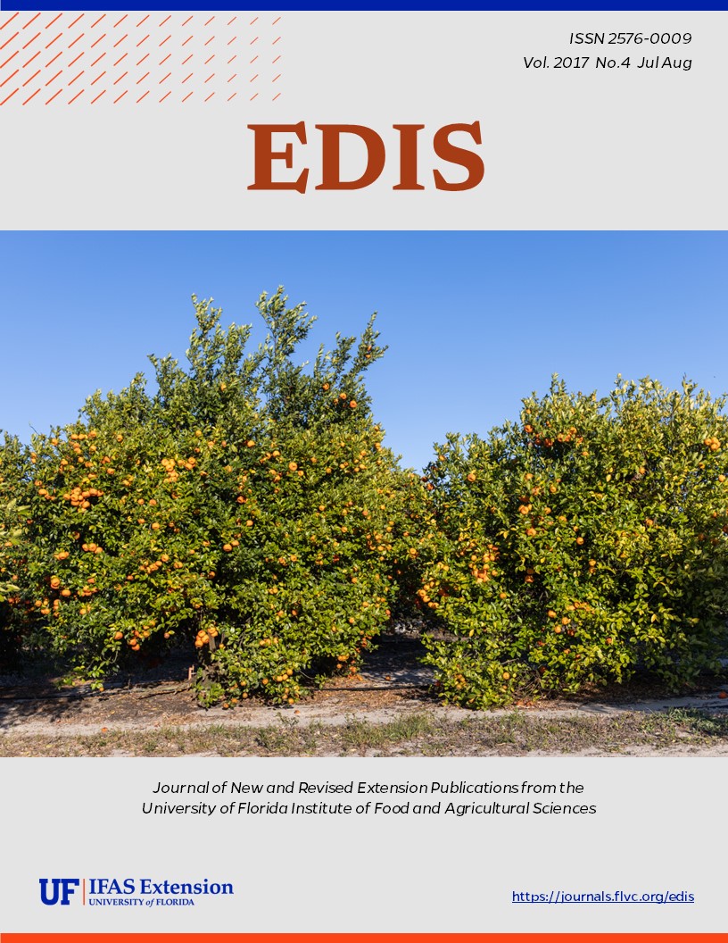 High density (1,361 trees per acre) Murcott trees yielding 680 boxes/acre in year 2, CREC CUPS. Figure 4 from publication CMG19/HS1304: Citrus Under Protective Screen (CUPS) production systems. Credits: Arnold W. Schumann, UF/IFAS.